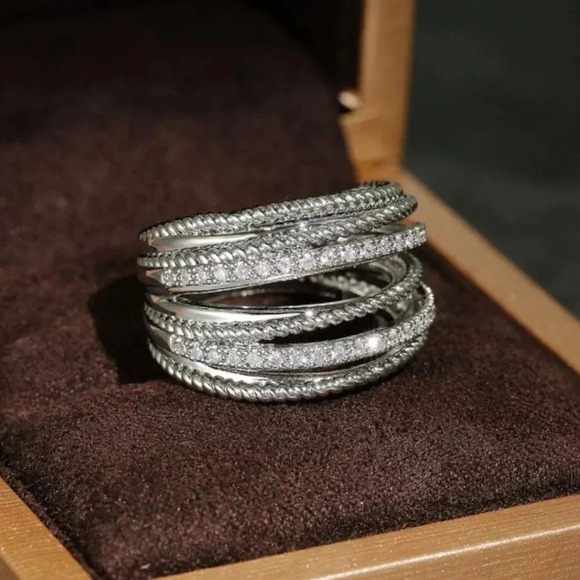 Sterling Silver Diamond Layered Wide Ring Band - Picture 5 of 6